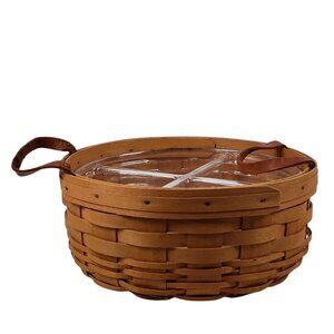 Longaberger Basket and Liner Round Hand Woven Leather Handles Dresden Ohio 1997